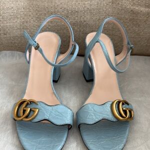 Gucci Light Blue Heels with Gold Logo